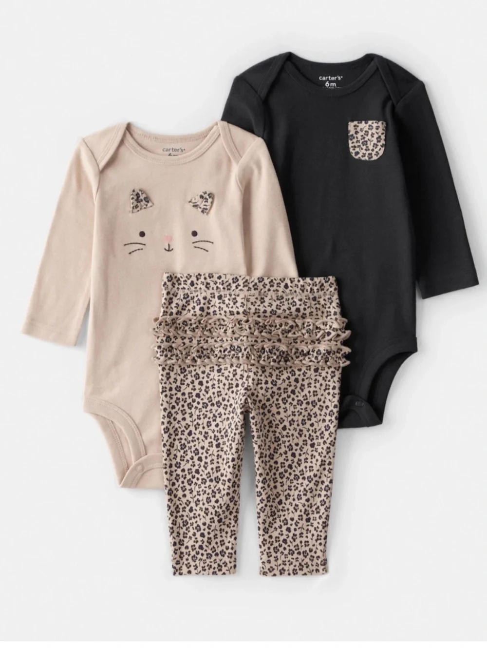 Carter's Baby 3 piece Leopard Ruffle Pant & 2 Bodysuit Set - Black & Beige